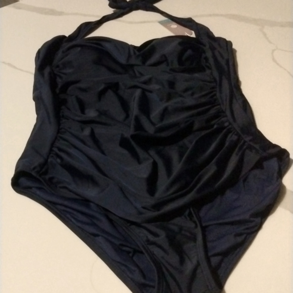 Tummy Control Halter One Piece Slimming Vintage Retro Swimsuit Size XL Blue - Picture 4 of 8